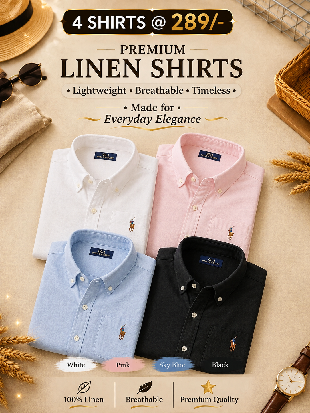 Men RL Polo Linen 4 Cotton Shirts