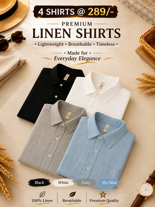 FF4U Premium Cotton Linen Long Sleeve Shirts Pack of 4